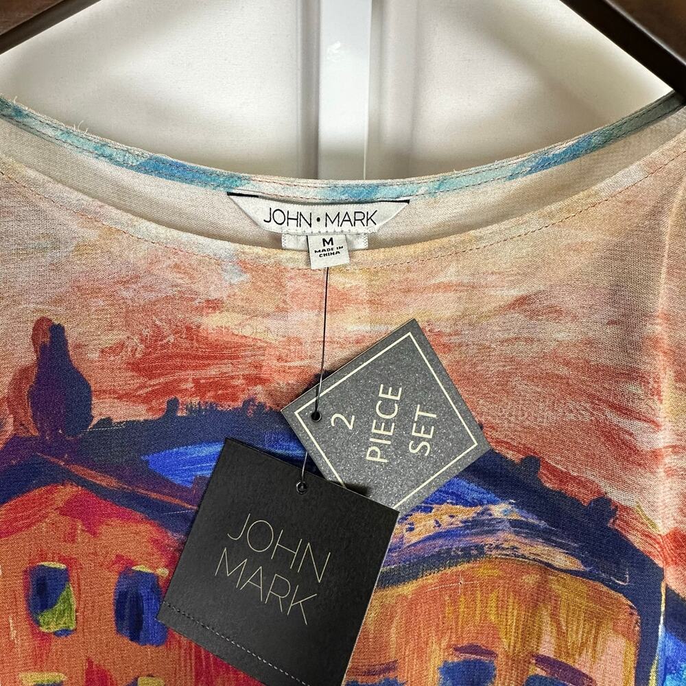 NWT John Mark‎ Tiered Printed Crew Neck Short Sleeve Dress M Artsy Cruise Modest - Picture 2 of 14